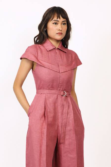 Shop_Leh Studios_Purple Linen Collared Cap Sleeve Jumpsuit _Online_at_Aza_Fashions