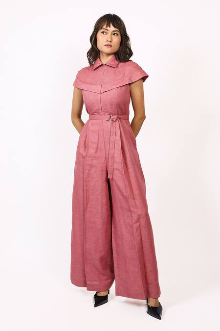 Leh Studios_Purple Linen Collared Cap Sleeve Jumpsuit _at_Aza_Fashions