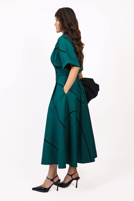 Leh Studios_Green Cotton Open Neck Dark Midi Dress _Online_at_Aza_Fashions
