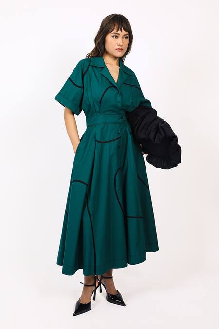 Buy_Leh Studios_Green Cotton Open Neck Dark Midi Dress _Online_at_Aza_Fashions