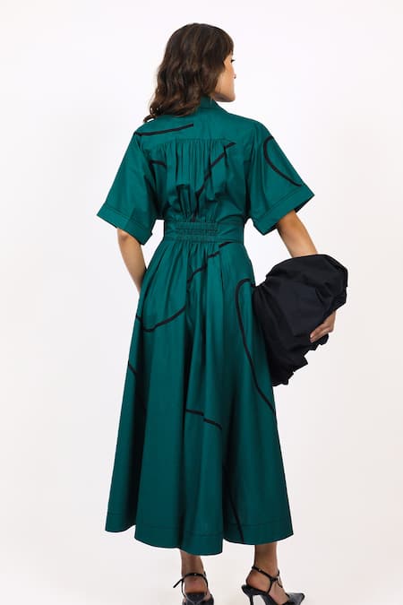 Shop_Leh Studios_Green Cotton Open Neck Dark Midi Dress _at_Aza_Fashions