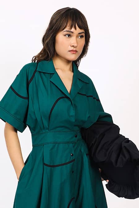 Shop_Leh Studios_Green Cotton Open Neck Dark Midi Dress _Online_at_Aza_Fashions