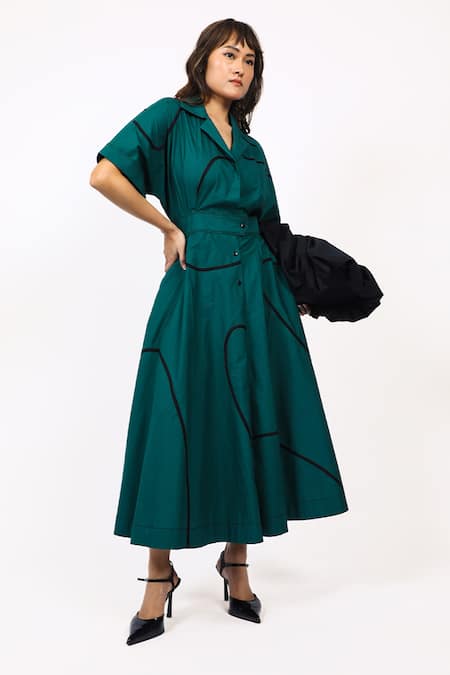 Leh Studios_Green Cotton Open Neck Dark Midi Dress _at_Aza_Fashions