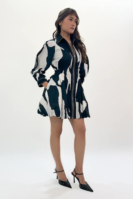 Buy_Leh Studios_Black Cotton Collared And White Bubble Hem Dress _Online_at_Aza_Fashions