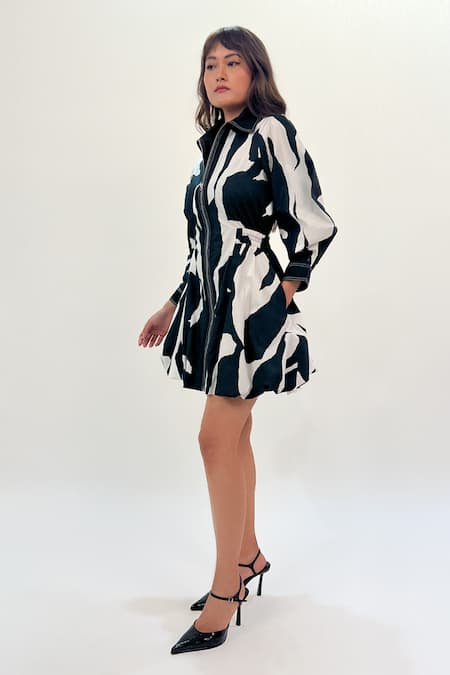Shop_Leh Studios_Black Cotton Collared And White Bubble Hem Dress _Online_at_Aza_Fashions