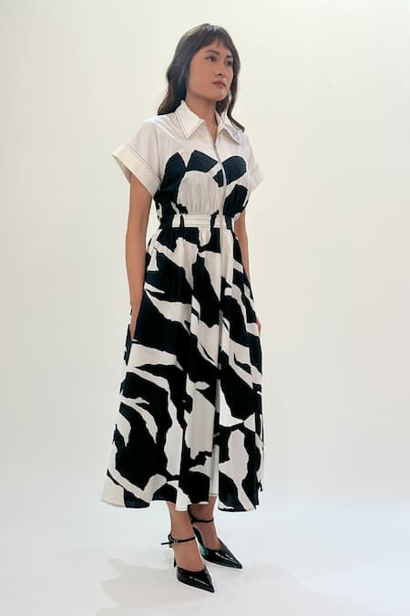 Buy_Leh Studios_Black Cotton Collared Abstract Print Midi Dress _Online_at_Aza_Fashions