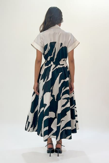 Shop_Leh Studios_Black Cotton Collared Abstract Print Midi Dress _at_Aza_Fashions