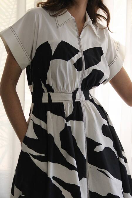 Leh Studios_Black Cotton Collared Abstract Print Midi Dress _at_Aza_Fashions