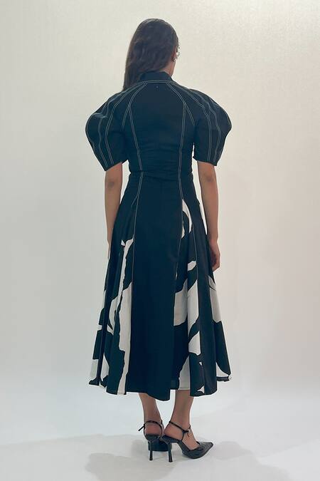 Shop_Leh Studios_Black Cotton Collared, V-neck Abstract Print Godet Midi Dress _at_Aza_Fashions