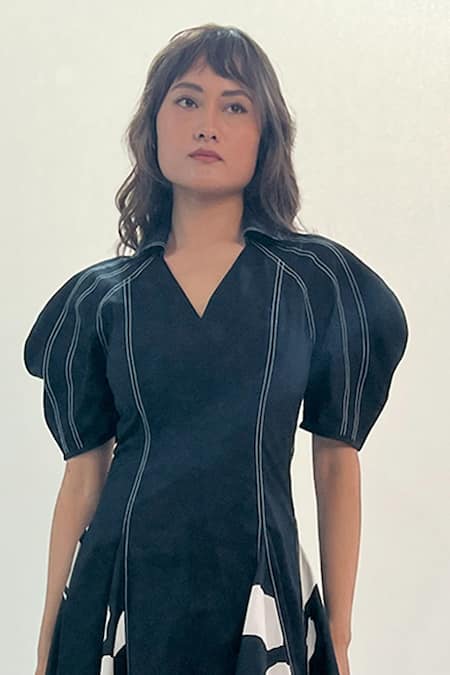 Shop_Leh Studios_Black Cotton Collared, V-neck Abstract Print Godet Midi Dress _Online_at_Aza_Fashions