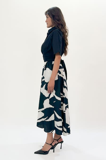 Buy_Leh Studios_Black Cotton Collared Abstract Print Midi Dress _Online_at_Aza_Fashions