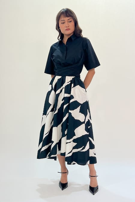 Shop_Leh Studios_Black Cotton Collared Abstract Print Midi Dress _Online_at_Aza_Fashions