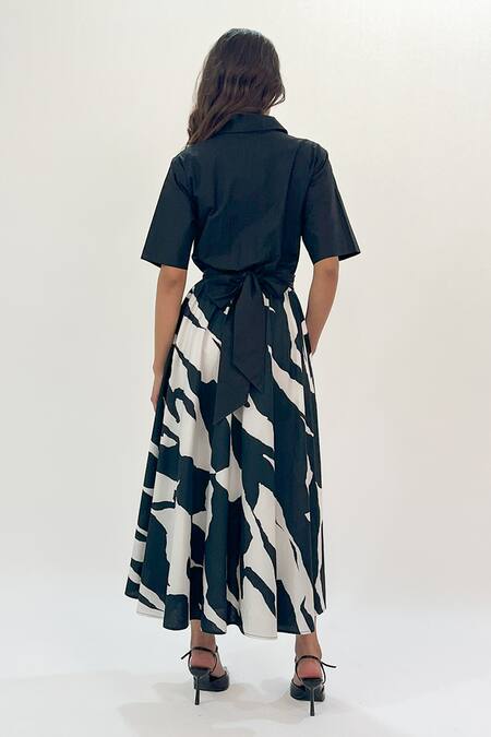 Shop_Leh Studios_Black Cotton Collared Abstract Print Midi Dress _at_Aza_Fashions