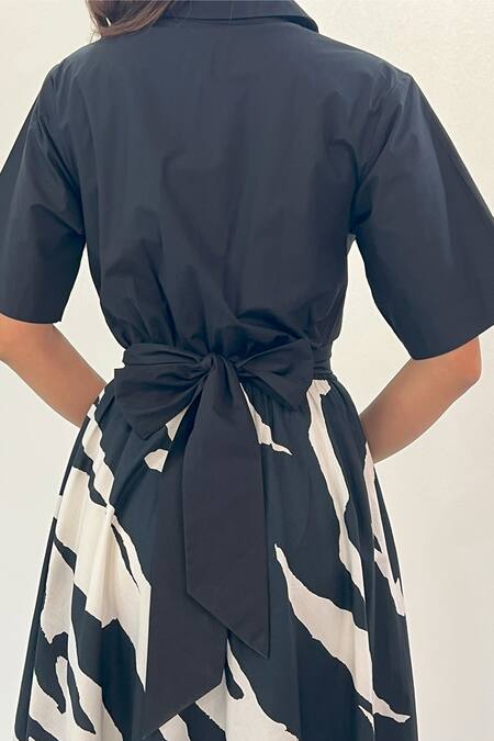 Buy_Leh Studios_Black Cotton Collared Abstract Print Midi Dress 