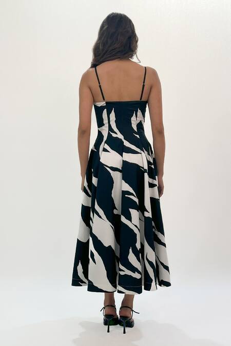 Shop_Leh Studios_Black Cotton Plunge Neck Abstract Print Midi Dress _at_Aza_Fashions