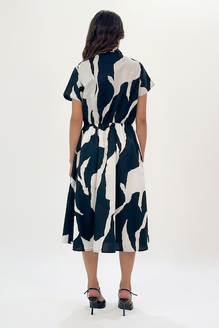 Shop_Leh Studios_Black Cotton Collared Abstract Print Wrap Dress _at_Aza_Fashions