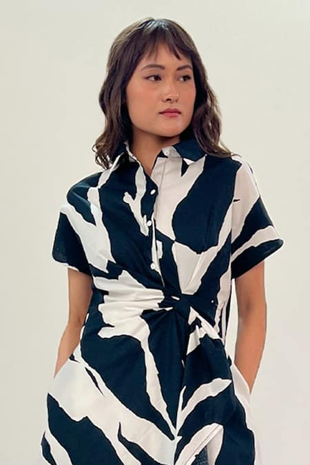 Leh Studios_Black Cotton Collared Abstract Print Wrap Dress _Online_at_Aza_Fashions