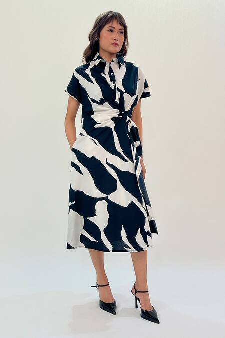 Shop_Leh Studios_Black Cotton Collared Abstract Print Wrap Dress _Online_at_Aza_Fashions