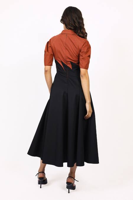 Shop_Leh Studios_Black Cotton Collared, V-neck Yacht Panelled Sleeve Midi Dress _at_Aza_Fashions