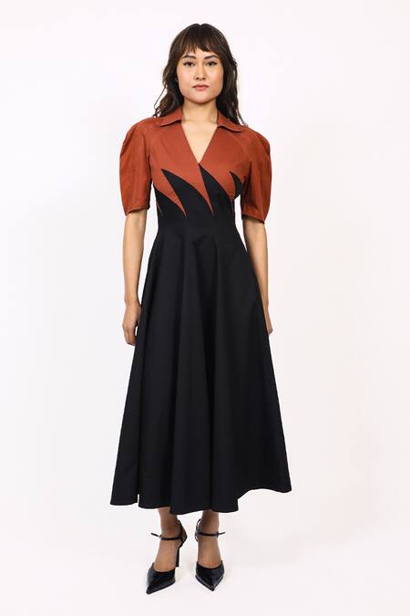 Leh Studios_Black Cotton Collared, V-neck Yacht Panelled Sleeve Midi Dress _Online_at_Aza_Fashions