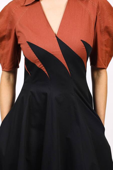 Buy_Leh Studios_Black Cotton Collared, V-neck Yacht Panelled Sleeve Midi Dress _Online_at_Aza_Fashions