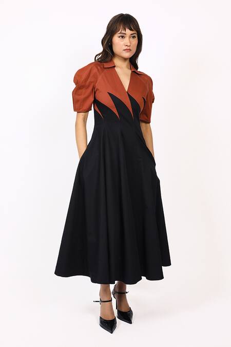 Shop_Leh Studios_Black Cotton Collared, V-neck Yacht Panelled Sleeve Midi Dress _Online_at_Aza_Fashions