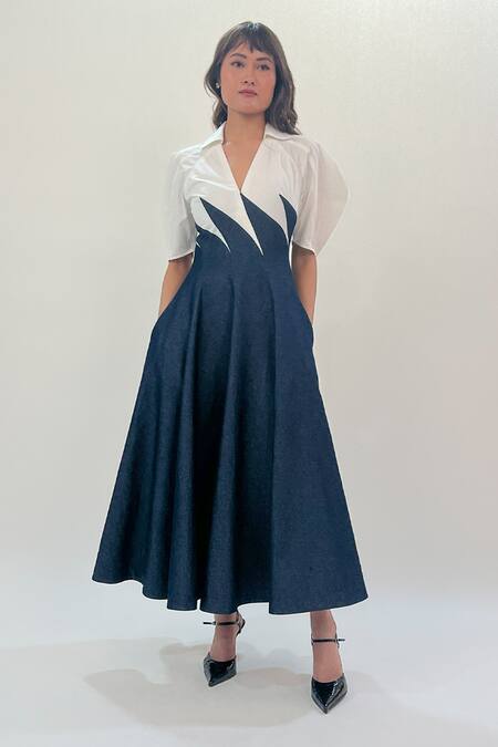 Shop_Leh Studios_Blue Cotton Collared, V-neck Yacht Panelled Midi Dress _at_Aza_Fashions