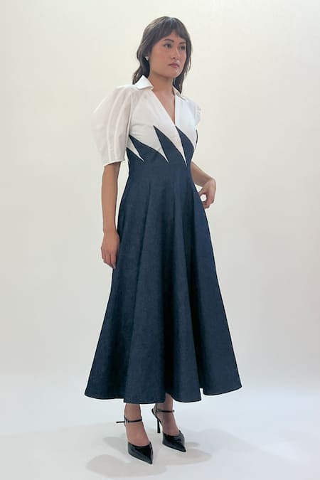 Leh Studios_Blue Cotton Collared, V-neck Yacht Panelled Midi Dress _Online_at_Aza_Fashions