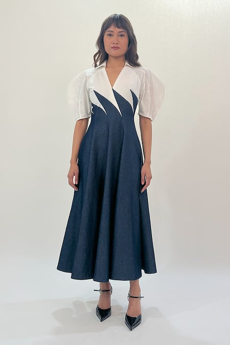 Buy_Leh Studios_Blue Cotton Collared, V-neck Yacht Panelled Midi Dress _Online_at_Aza_Fashions