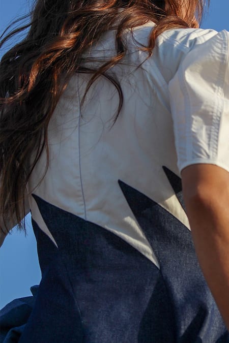 Shop_Leh Studios_Blue Cotton Collared, V-neck Yacht Panelled Midi Dress _Online_at_Aza_Fashions
