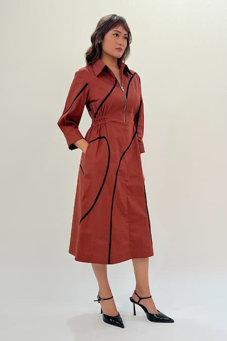 Leh Studios_Brown Cotton Collared Midi Dress With Stem Tapes _Online_at_Aza_Fashions