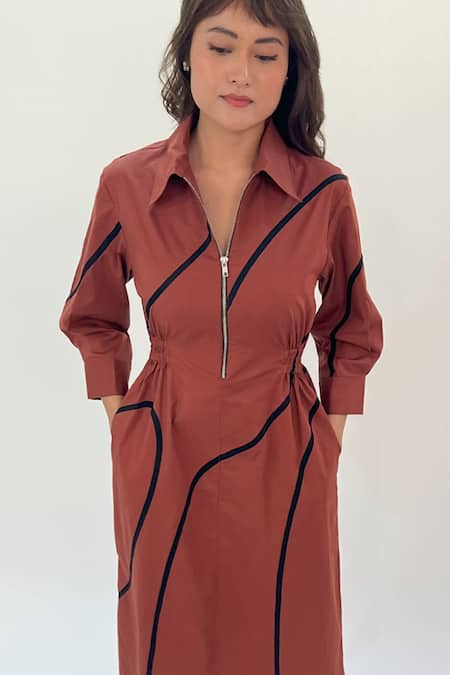 Buy_Leh Studios_Brown Cotton Collared Midi Dress With Stem Tapes _Online_at_Aza_Fashions