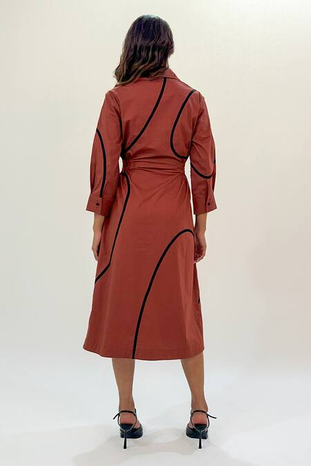 Shop_Leh Studios_Brown Cotton Collared Midi Dress With Stem Tapes _at_Aza_Fashions