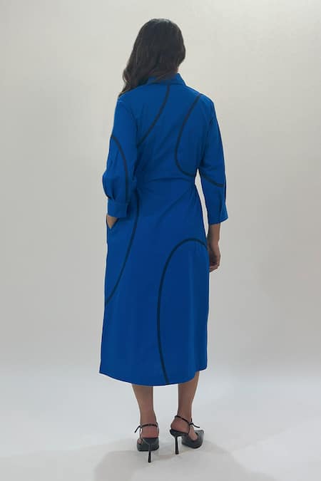 Shop_Leh Studios_Blue Cotton Collared Electric Midi Dress With Stem Tapes _at_Aza_Fashions