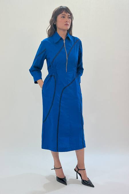 Leh Studios_Blue Cotton Collared Electric Midi Dress With Stem Tapes _Online_at_Aza_Fashions