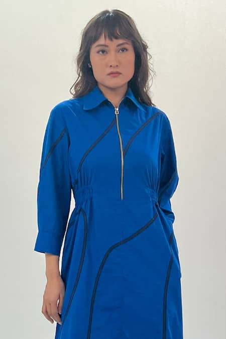 Buy_Leh Studios_Blue Cotton Collared Electric Midi Dress With Stem Tapes _Online_at_Aza_Fashions