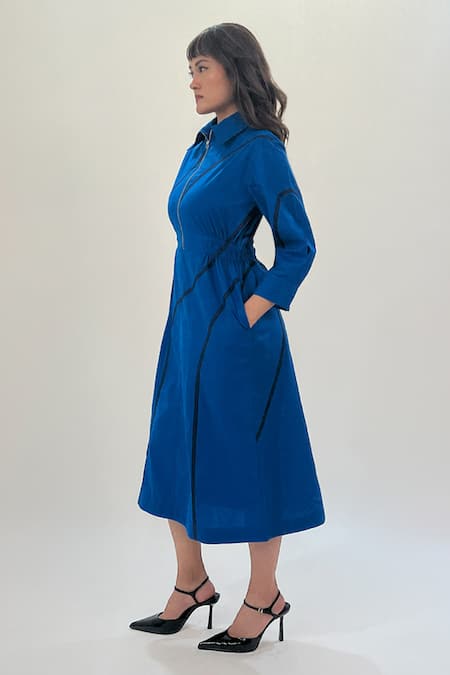 Shop_Leh Studios_Blue Cotton Collared Electric Midi Dress With Stem Tapes _Online_at_Aza_Fashions