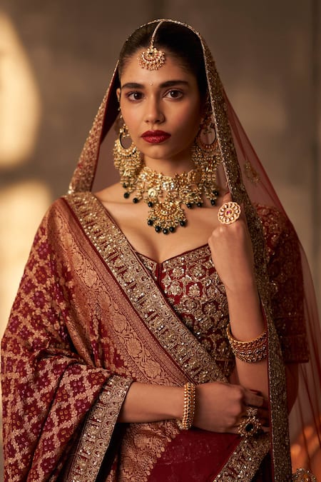 Buy_Angad Singh_Maroon Silk, Crepe Sequins, Cut Work, Zari, Zardozi Bridal Lehenga Set _Online_at_Aza_Fashions