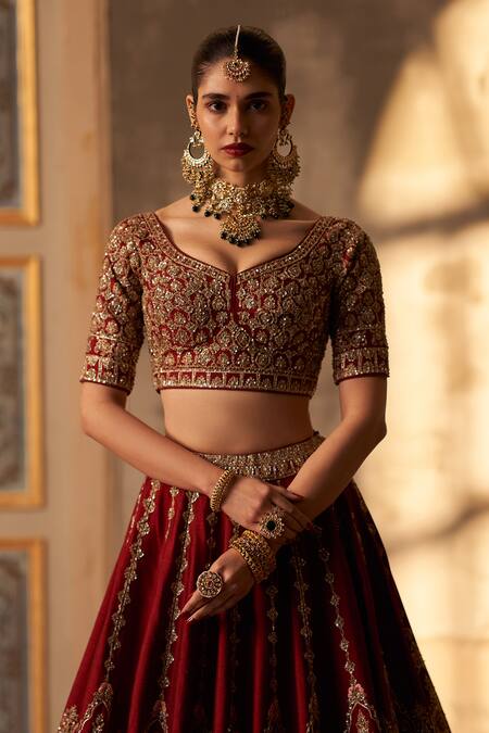 Shop_Angad Singh_Maroon Silk, Crepe Sequins, Cut Work, Zari, Zardozi Bridal Lehenga Set _Online_at_Aza_Fashions