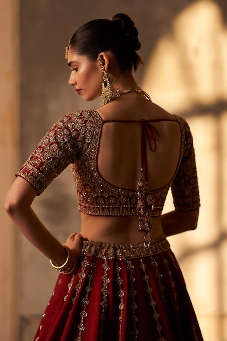 Angad Singh Maroon Zardozi Embroidered Bridal Lehenga Set 