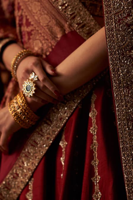 Angad Singh_Maroon Silk, Crepe Sequins, Cut Work, Zari, Zardozi Bridal Lehenga Set _at_Aza_Fashions