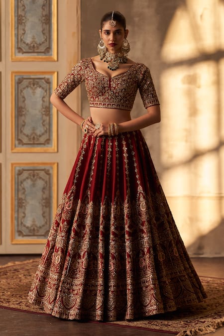 Buy_Angad Singh_Maroon Silk, Crepe Sequins, Cut Work, Zari, Zardozi Bridal Lehenga Set 