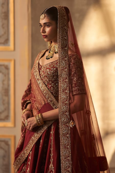 Shop_Angad Singh_Maroon Silk, Crepe Sequins, Cut Work, Zari, Zardozi Bridal Lehenga Set 