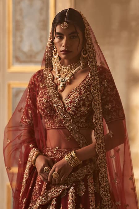 Buy Angad Singh Maroon Silk, Crepe, Chiffon Embroidery, Zari, Sequins V-neck Bridal Lehenga Set Online at Aza Fashions Buy_Angad Singh_Maroon Silk, Crepe, Chiffon Embroidery, Zari, Sequins V-neck Bridal Lehenga Set _Online_at_Aza_Fashions