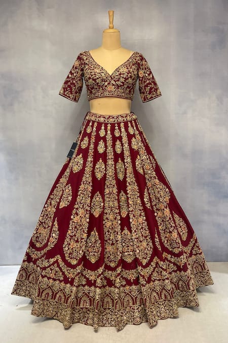 Shop Angad Singh Maroon Silk, Crepe, Chiffon Embroidery, Zari, Sequins V-neck Bridal Lehenga Set Online at Aza Fashions Shop_Angad Singh_Maroon Silk, Crepe, Chiffon Embroidery, Zari, Sequins V-neck Bridal Lehenga Set _Online_at_Aza_Fashions