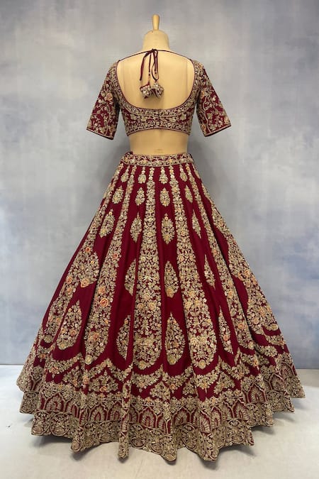 Angad Singh Maroon Silk, Crepe, Chiffon Embroidery, Zari, Sequins V-neck Bridal Lehenga Set at Aza Fashions Angad Singh_Maroon Silk, Crepe, Chiffon Embroidery, Zari, Sequins V-neck Bridal Lehenga Set _at_Aza_Fashions
