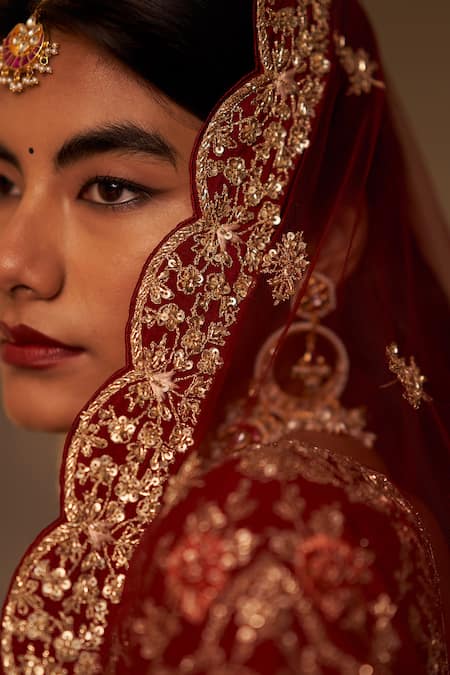 Buy Angad Singh Maroon Silk, Crepe, Chiffon Embroidery, Zari, Sequins V-neck Bridal Lehenga Set Buy_Angad Singh_Maroon Silk, Crepe, Chiffon Embroidery, Zari, Sequins V-neck Bridal Lehenga Set