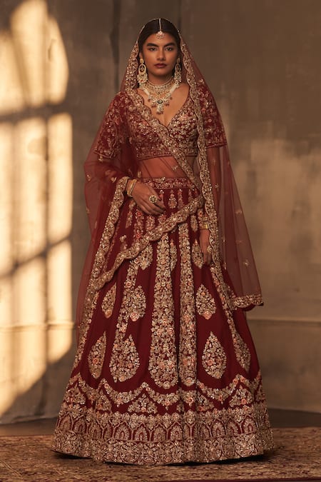 Shop Angad Singh Maroon Silk, Crepe, Chiffon Embroidery, Zari, Sequins V-neck Bridal Lehenga Set Shop_Angad Singh_Maroon Silk, Crepe, Chiffon Embroidery, Zari, Sequins V-neck Bridal Lehenga Set