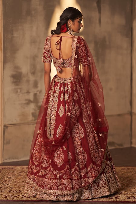 Angad Singh Maroon Silk Embroidered Bridal Lehenga Set 