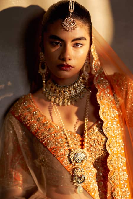 Buy Angad Singh Orange Silk, Crepe Sequins, Zari Embroidered Bridal Lehenga Set Online at Aza Fashions Buy_Angad Singh_Orange Silk, Crepe Sequins, Zari Embroidered Bridal Lehenga Set _Online_at_Aza_Fashions